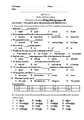 Đề thi chọn học sinh giỏi môn Tiếng Anh Lớp 8 - Đề số 11